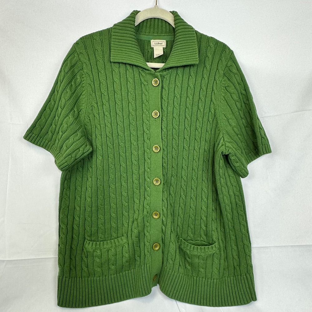 LL‎ Bean Womens 2X Green Cotton Cable Knit Short Sleeve Button Front Cardigan